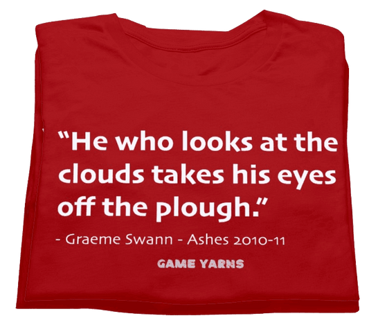 Graeme Swann focusing on the Cricket Ashes with Game Yarns T-shirt quote