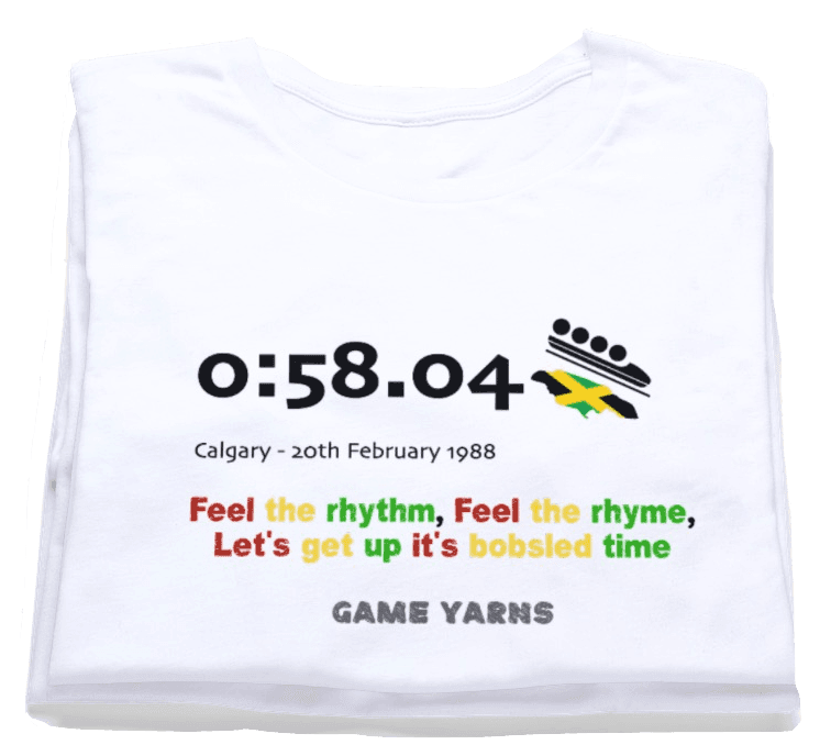 Jamaica's incredible debut at the  Calgary 1988 Winter Olympics in the 4 Man Bobsled. The event went on to inspire the film Cool Runnings. A Game Yarns T-shirt.