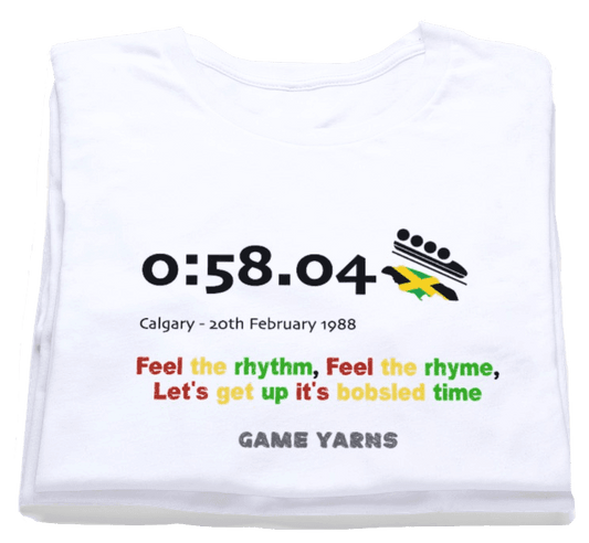 Jamaica's incredible debut at the  Calgary 1988 Winter Olympics in the 4 Man Bobsled. The event went on to inspire the film Cool Runnings. A Game Yarns T-shirt.