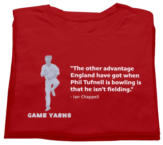 Ian Chappell on Phil Tufnell. Cricket T-shirt by Game Yarns