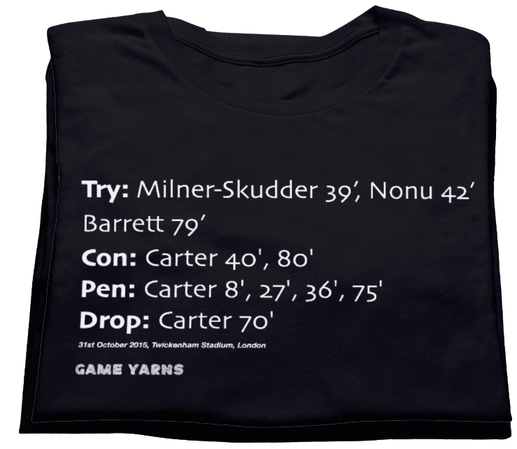 Rugby World Cup Final 2015 when New Zealand won in a spectacular game Game Yarns t-shirt