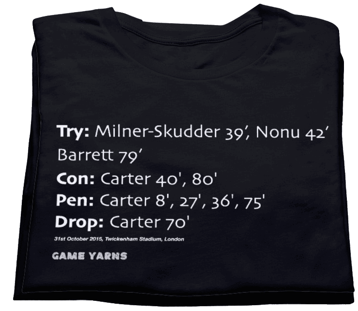 Rugby World Cup Final 2015 when New Zealand won in a spectacular game Game Yarns t-shirt