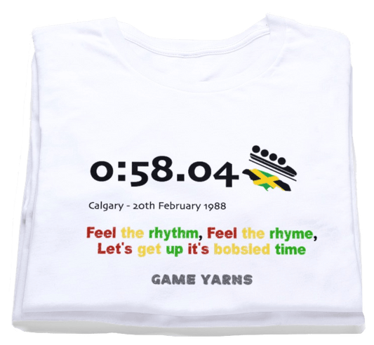 Jamaica's incredible debut at the  Calgary 1988 Winter Olympics in the 4 Man Bobsled. The event went on to inspire the film Cool Runnings. A Game Yarns T-shirt.